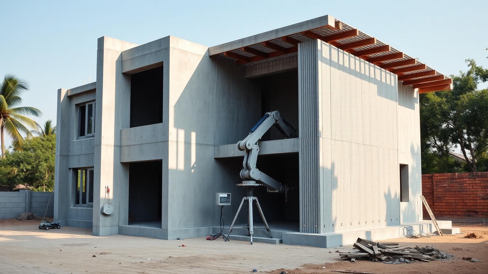 Robotic 3D printer extruding concrete walls on site